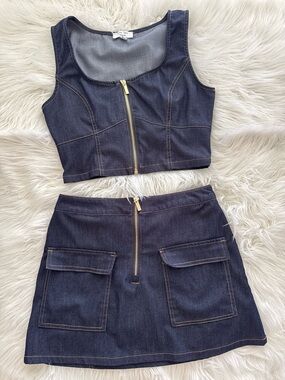 Love Tree Dark Denim Zip Front Crop Top & Mini Skirt Set